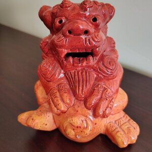 Orange Foo Dog Temple Dog Guardian Hand Made Ceramic Figurine